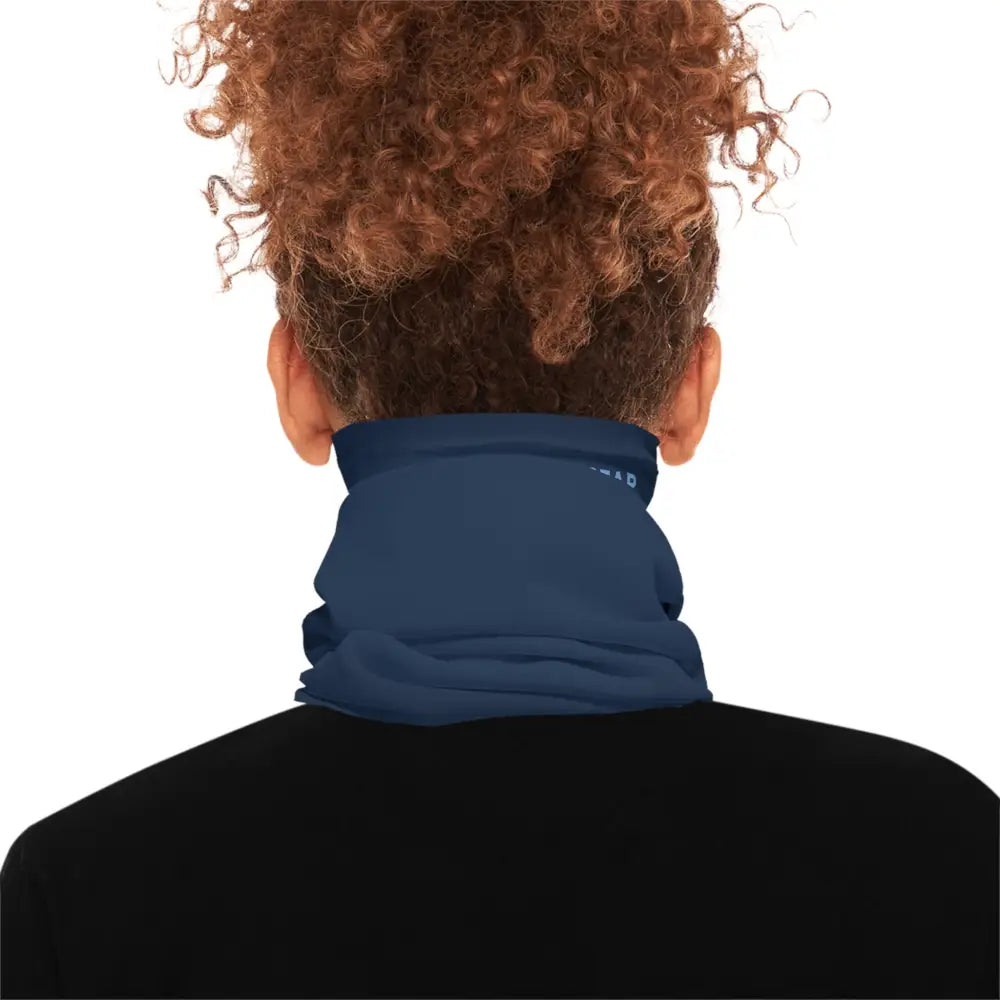 Trini Skies sport fishing unisex lightweight neck gaiter on curly brown hair