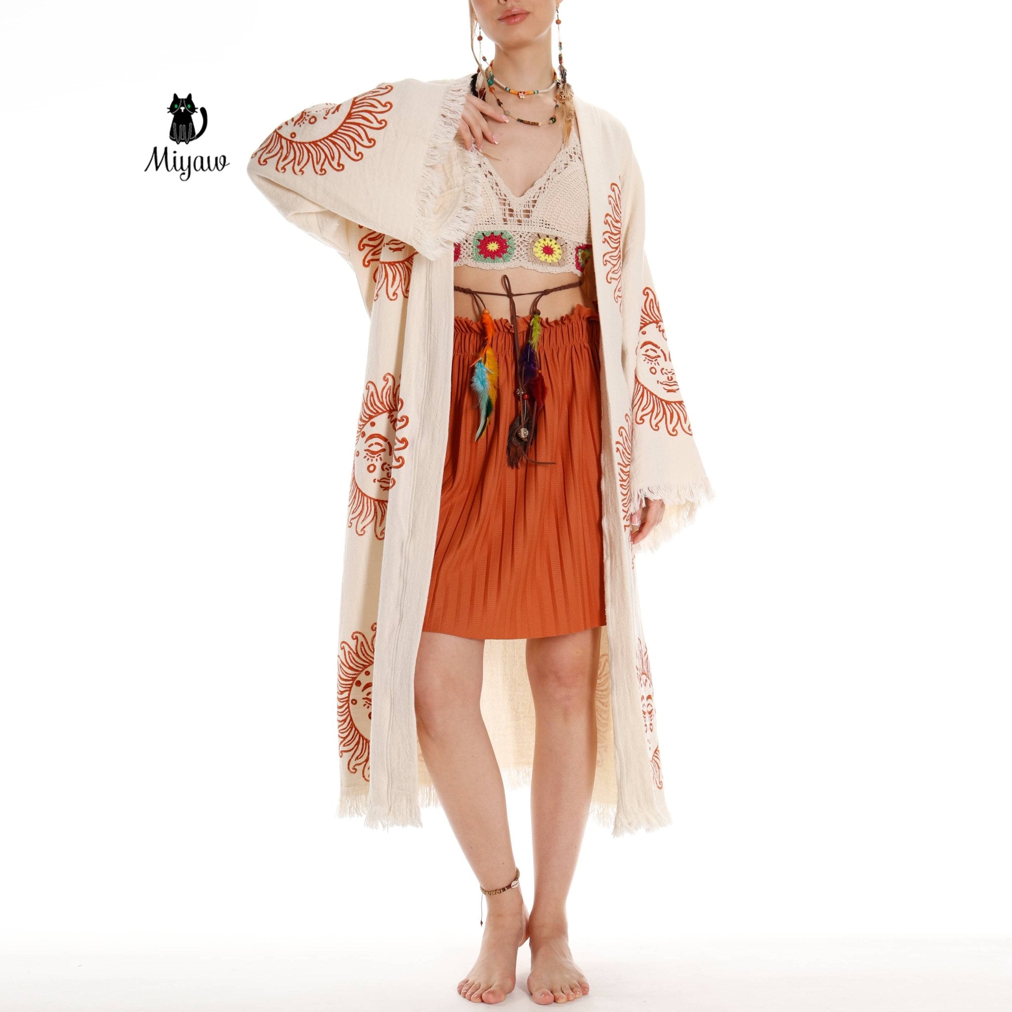 Unique Sun Stamped Organic Cotton Kimono Robe – Eco Boho Resortwear - Triniskies