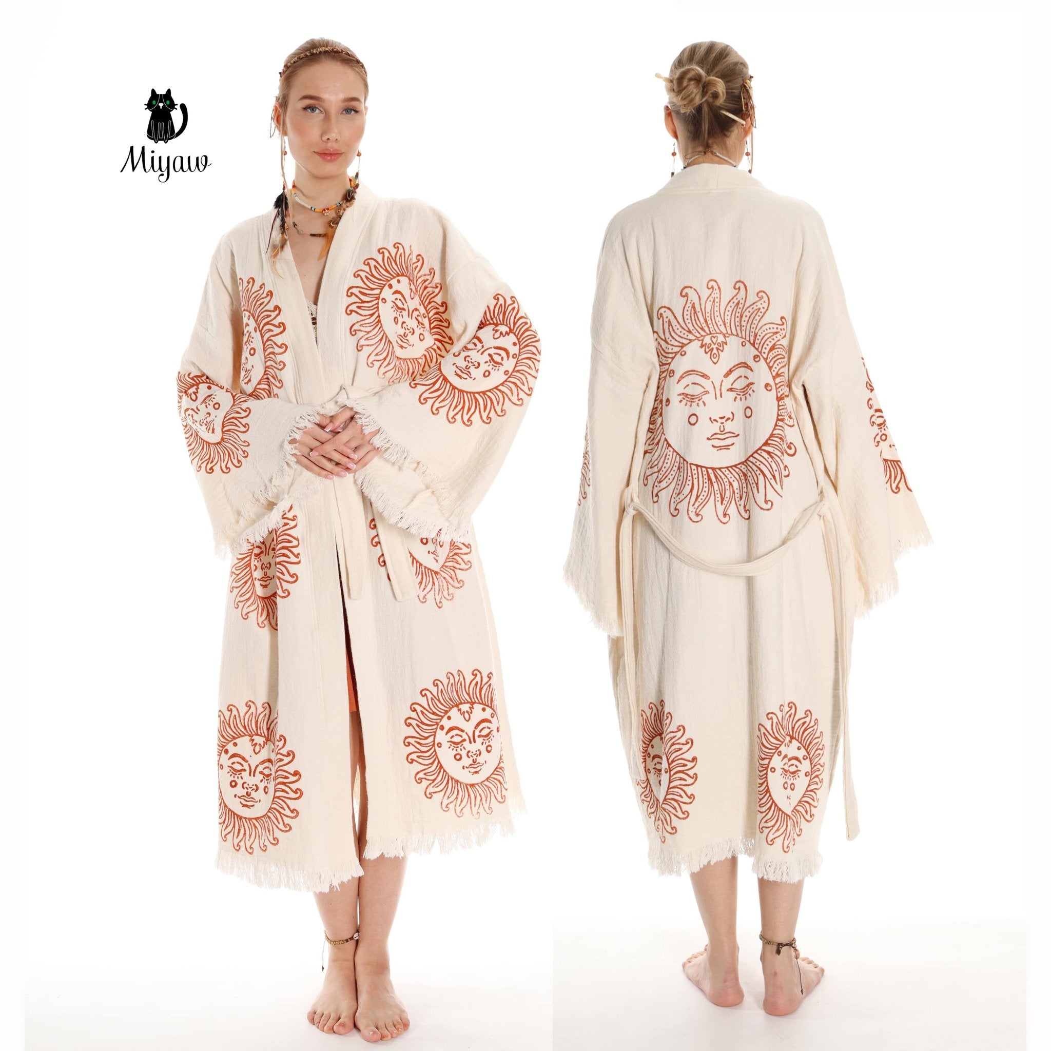 Unique Sun Stamped Organic Cotton Kimono Robe – Eco Boho Resortwear - Triniskies
