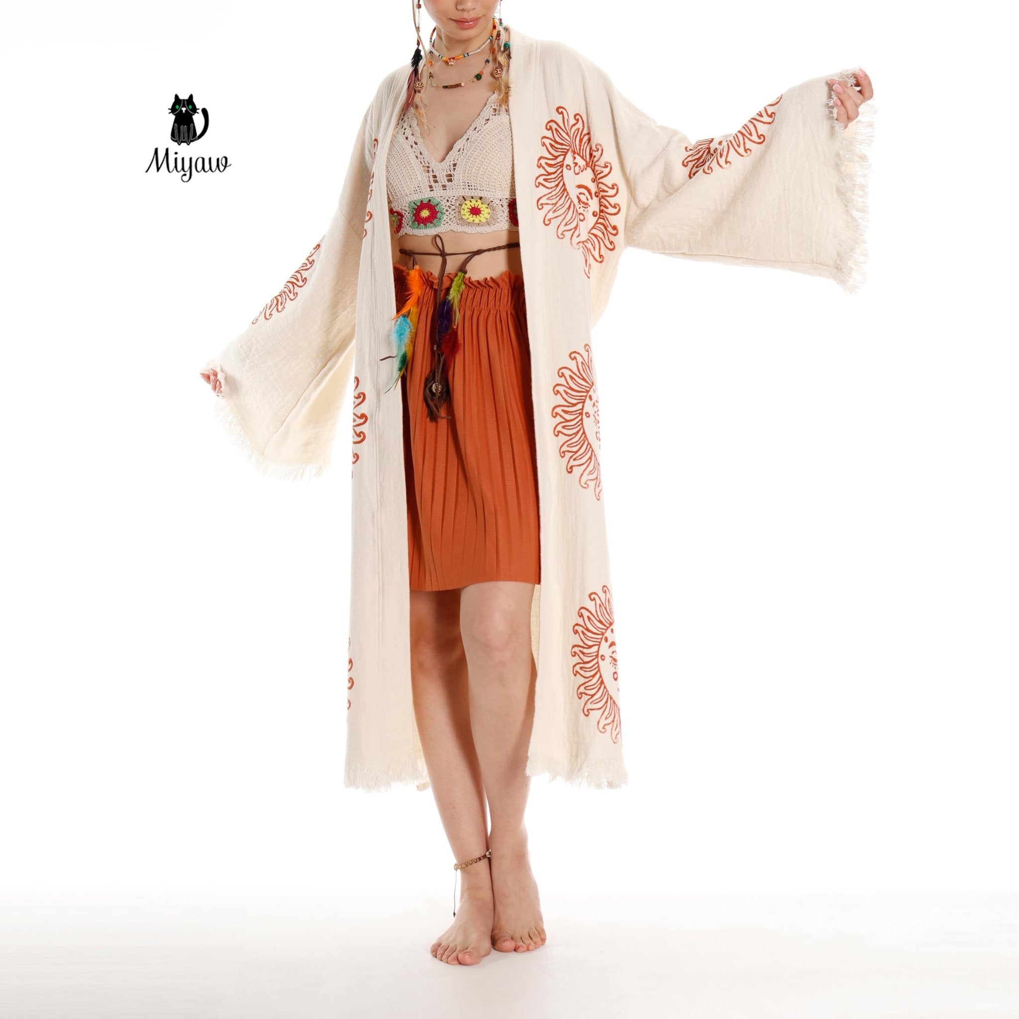 Unique Sun Stamped Organic Cotton Kimono Robe – Eco Boho Resortwear - Triniskies
