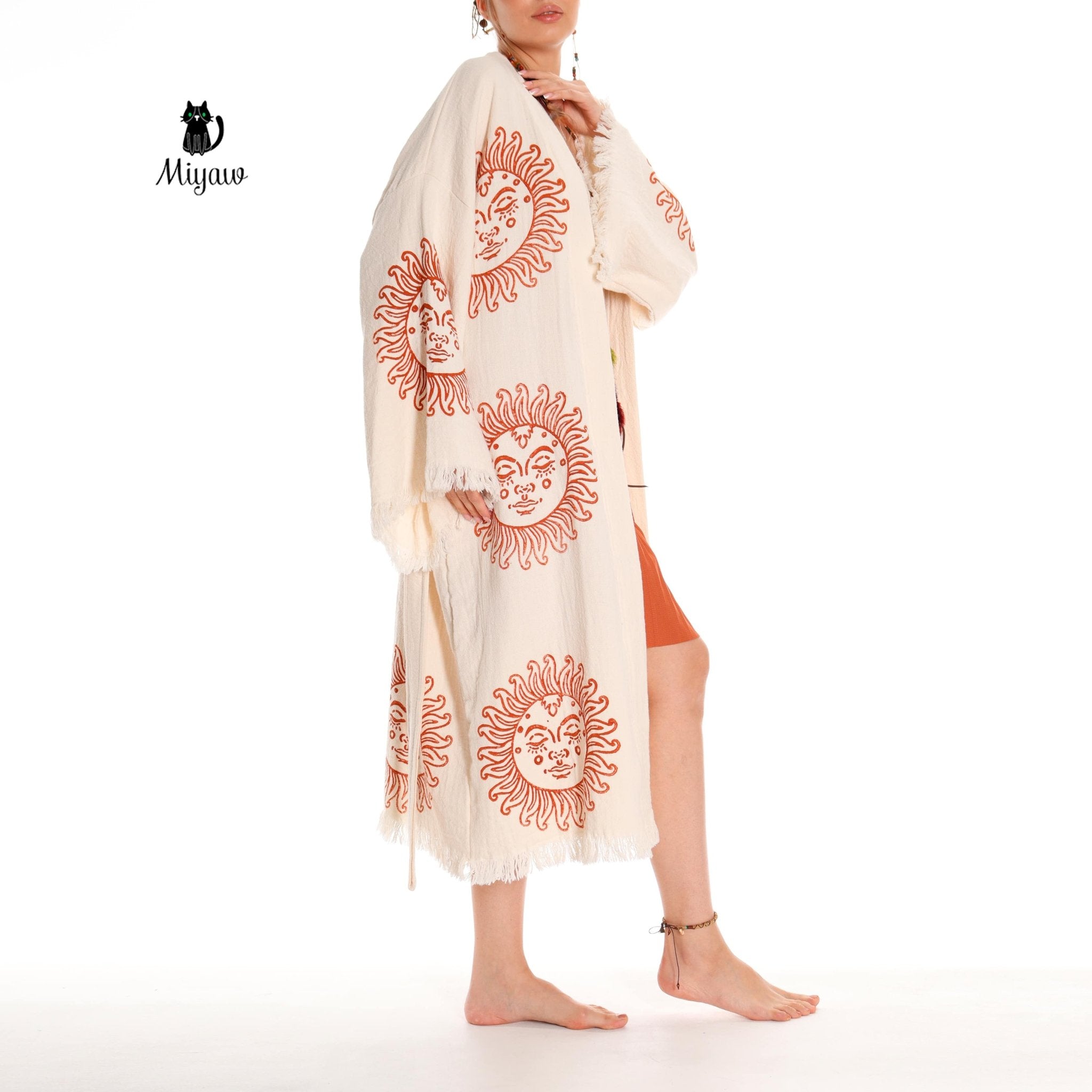 Unique Sun Stamped Organic Cotton Kimono Robe – Eco Boho Resortwear - Triniskies