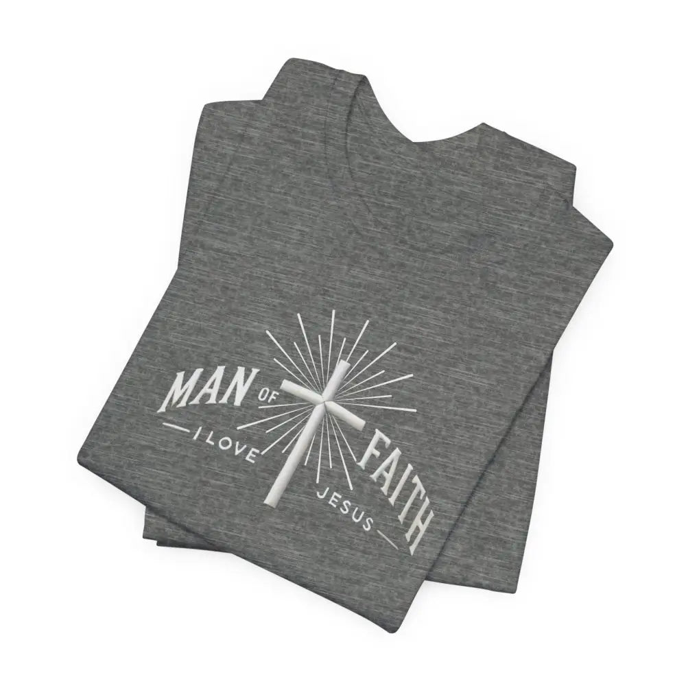 Folded gray unisex jersey short sleeve t-shirt with white Jesus cross design