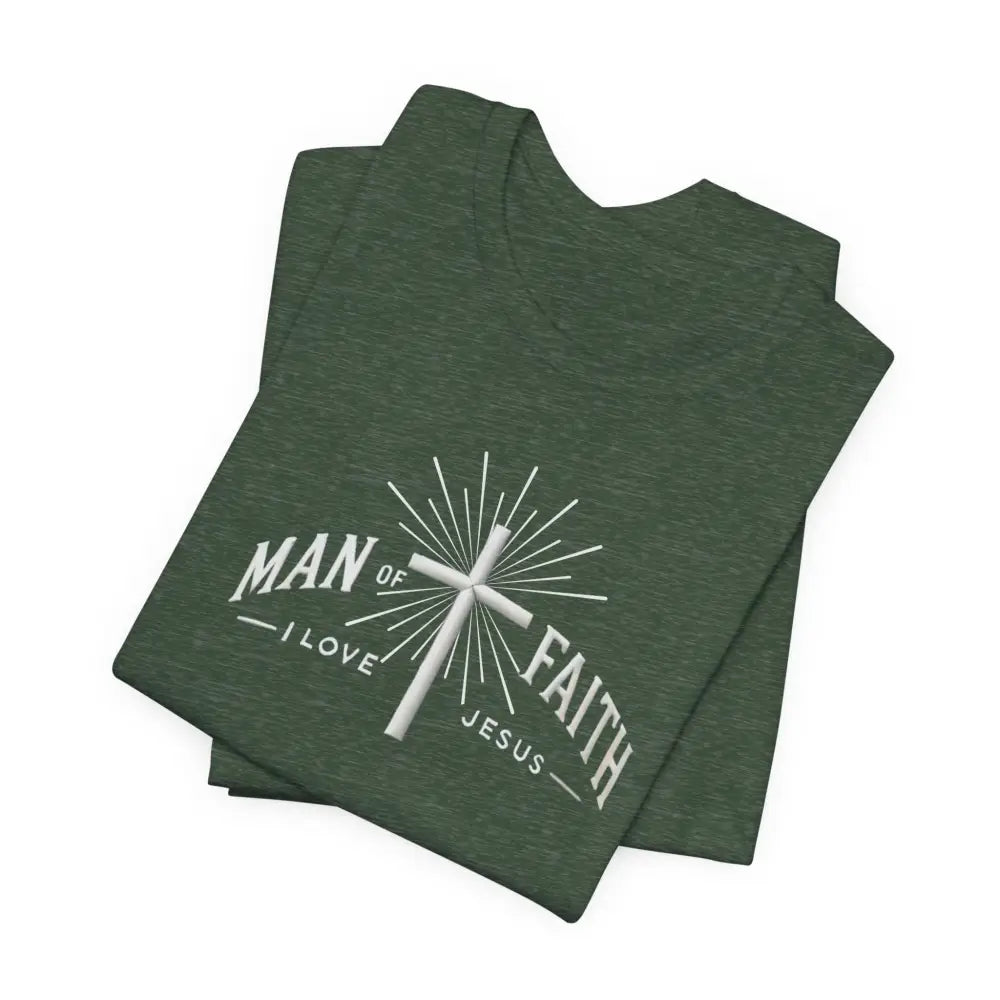 Folded dark green unisex jersey short sleeve t-shirt with white Jesus cross design