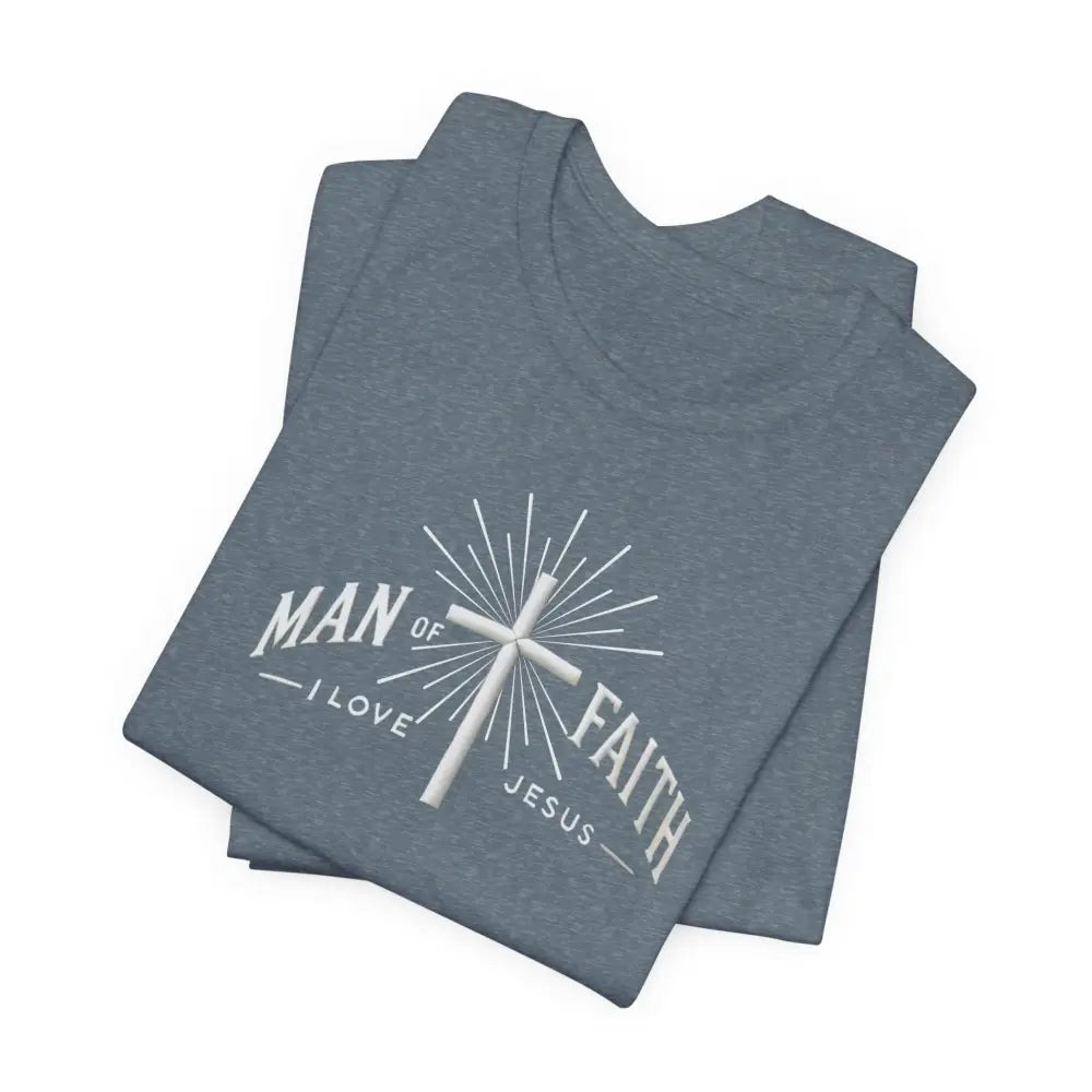 Folded grey unisex jersey short sleeve t-shirt with white Jesus cross design