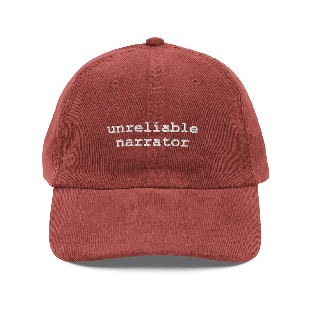 Rust-colored unreliable narrator embroidered corduroy hat by Trini Skies