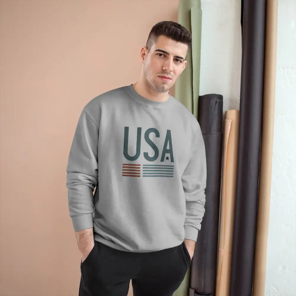 Light gray USA Champion crewneck sweatshirt celebrating American heritage