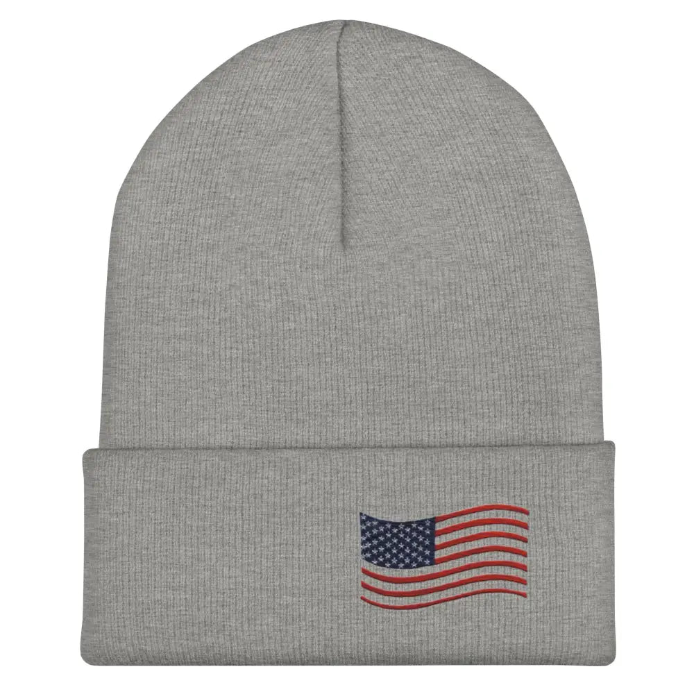 Dark grey USA embroidered flag cuffed beanie – patriotic American flag knit hat