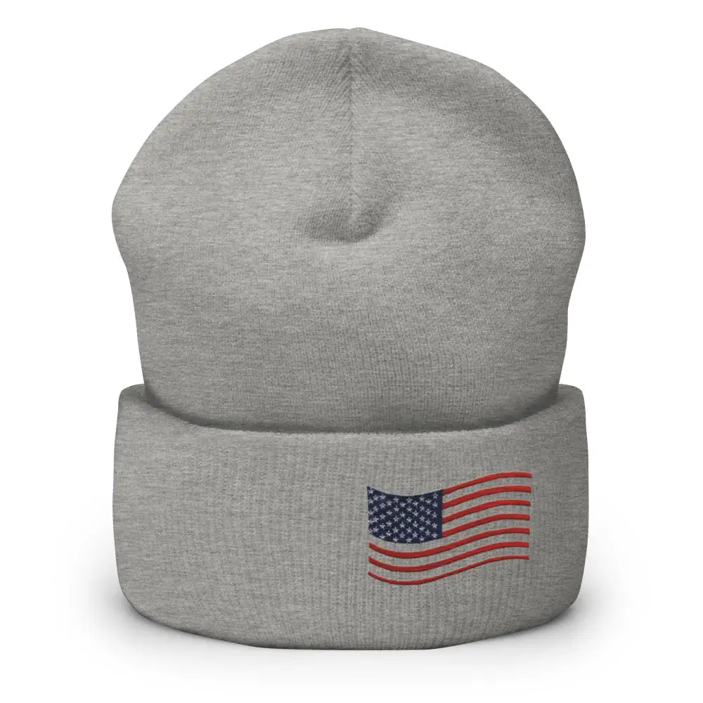 Grey USA embroidered flag cuffed beanie – patriotic American flag winter knit hat unisex