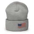 Grey USA embroidered flag cuffed beanie – patriotic American flag winter knit hat unisex