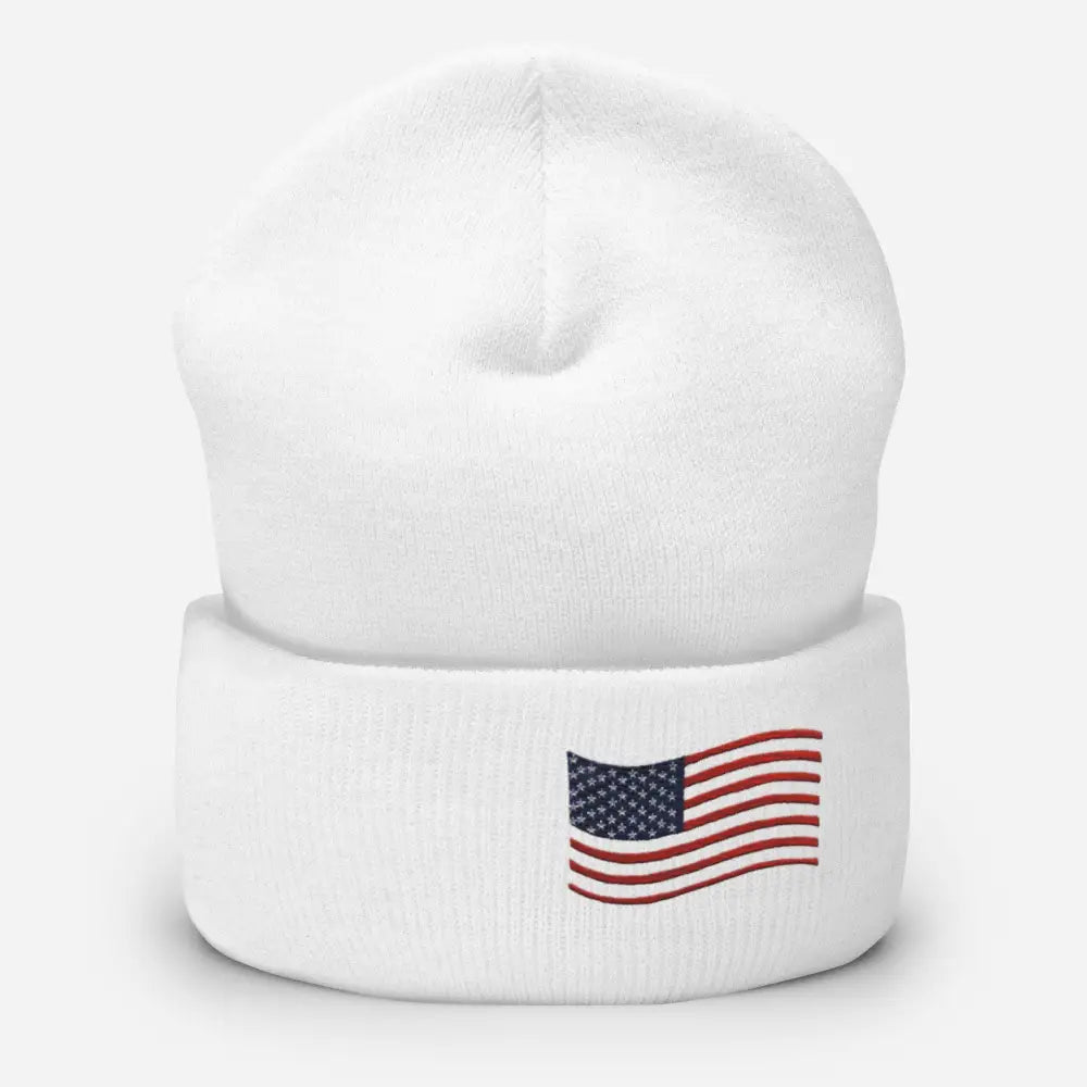 White USA embroidered flag cuffed beanie – patriotic winter knit hat for men and women