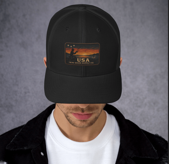 USA Fishing Patch Hat – Yupoong Retro Trucker | Lightweight Patriotic Cap | Trini Skies Heritage Waters Spring Edition - Triniskies