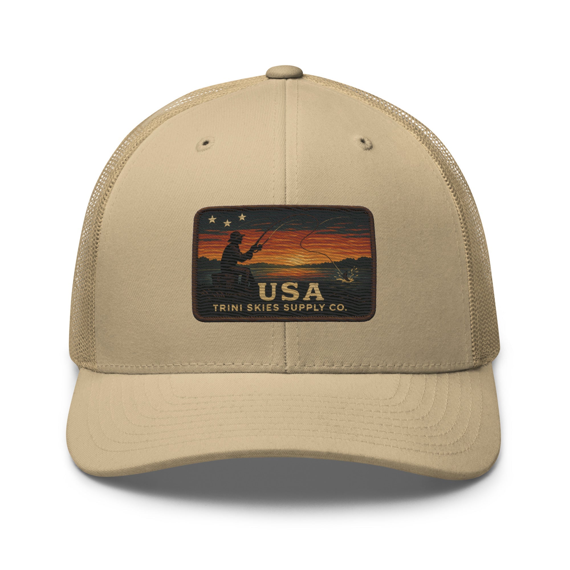 USA Fishing Patch Hat – Yupoong Retro Trucker | Lightweight Patriotic Cap | Trini Skies Heritage Waters Spring Edition - Triniskies