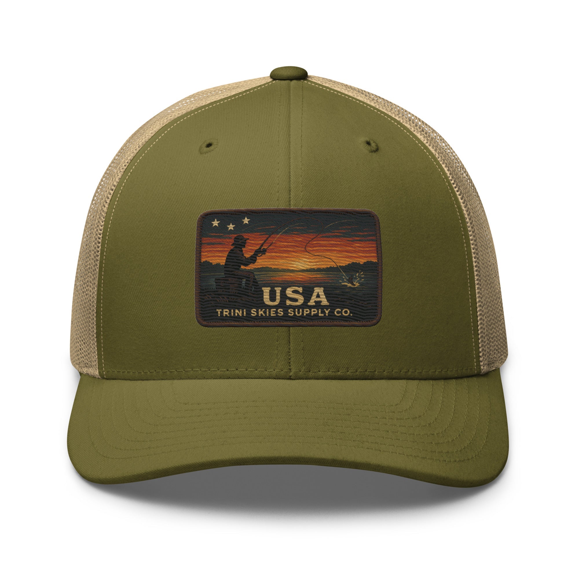 USA Fishing Patch Hat – Yupoong Retro Trucker | Lightweight Patriotic Cap | Trini Skies Heritage Waters Spring Edition - Triniskies