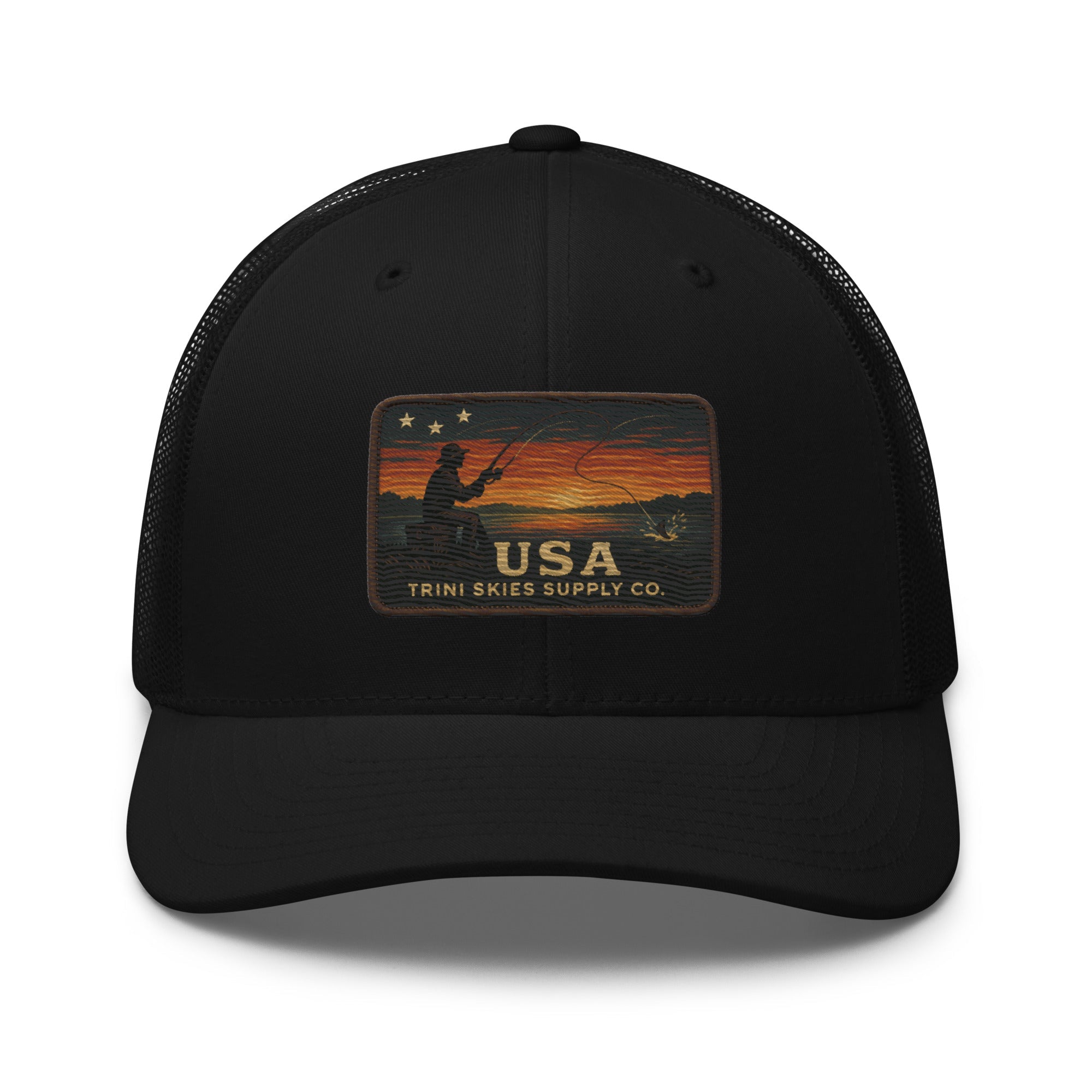 USA Fishing Patch Hat – Yupoong Retro Trucker | Lightweight Patriotic Cap | Trini Skies Heritage Waters Spring Edition - Triniskies