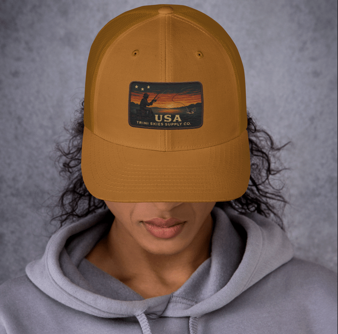 USA Fishing Patch Hat – Yupoong Retro Trucker | Lightweight Patriotic Cap | Trini Skies Heritage Waters Spring Edition - Triniskies