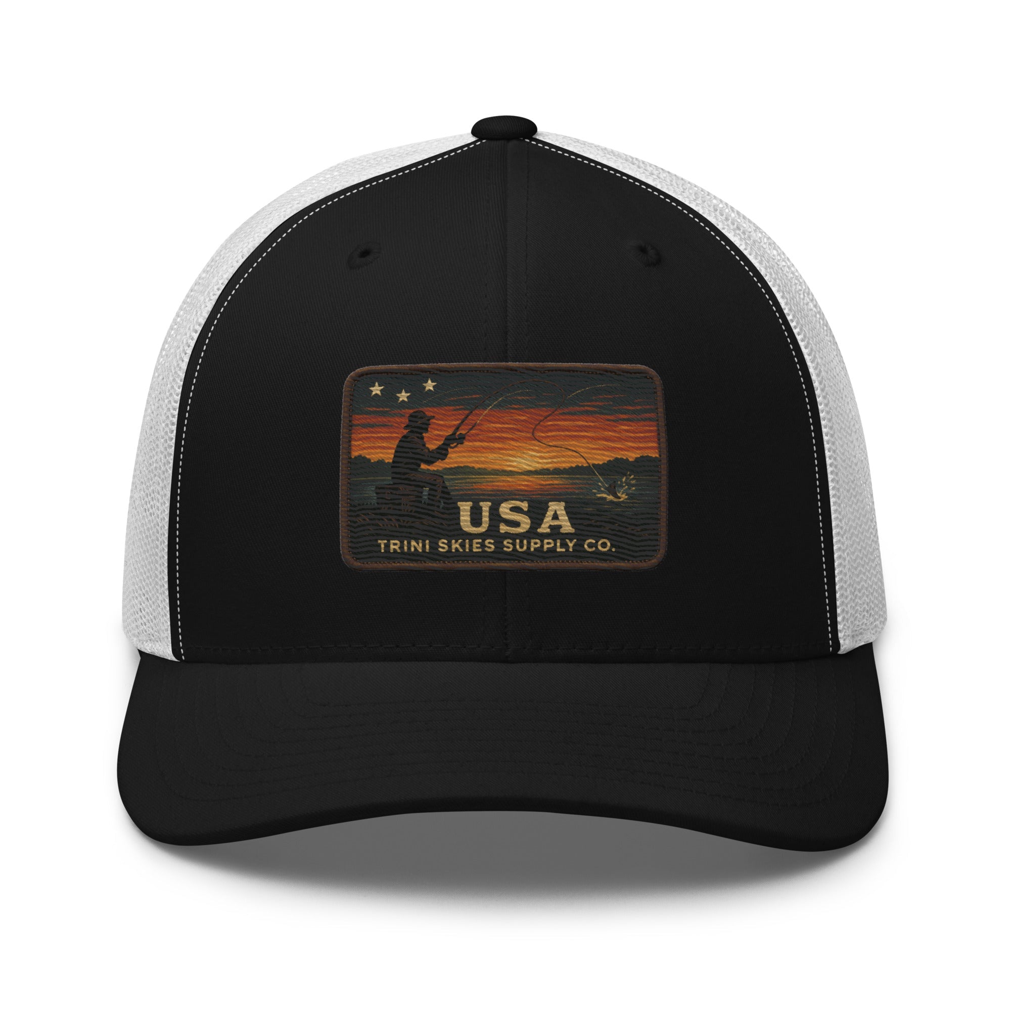 USA Fishing Patch Hat – Yupoong Retro Trucker | Lightweight Patriotic Cap | Trini Skies Heritage Waters Spring Edition - Triniskies