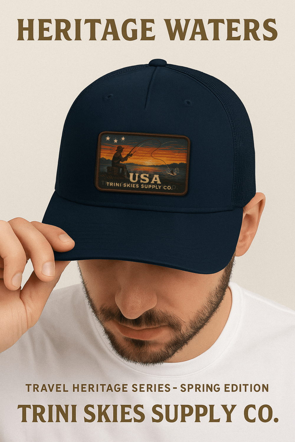USA Fishing Patch Hat – Yupoong Retro Trucker | Lightweight Patriotic Cap | Trini Skies Heritage Waters Spring Edition - Triniskies