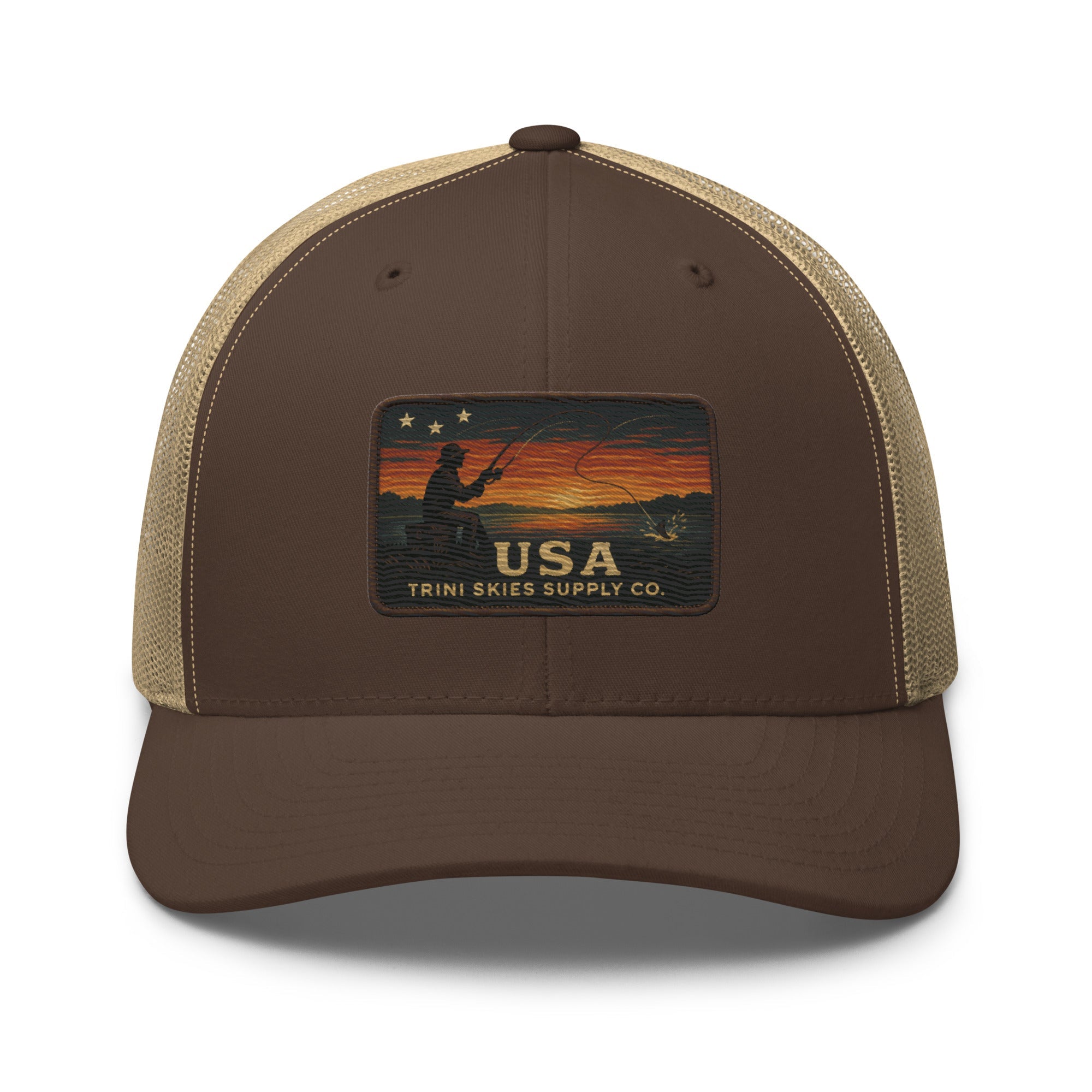 USA Fishing Patch Hat – Yupoong Retro Trucker | Lightweight Patriotic Cap | Trini Skies Heritage Waters Spring Edition - Triniskies