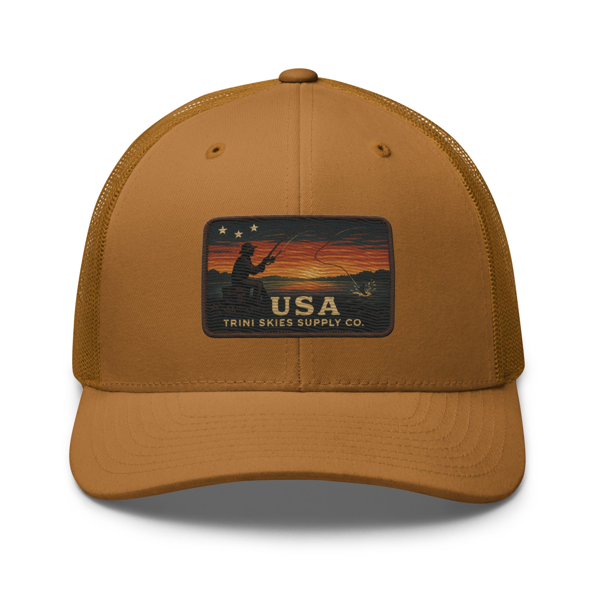 USA Fishing Patch Hat – Yupoong Retro Trucker | Lightweight Patriotic Cap | Trini Skies Heritage Waters Spring Edition - Triniskies