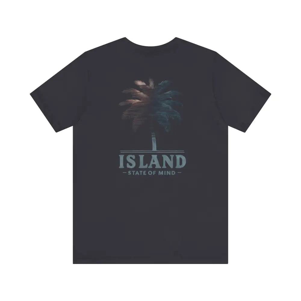 Dark gray Trini Skies tee with palm tree graphic and Island State of Mind text