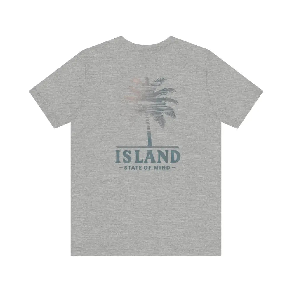Gray Trini Skies short-sleeve tee with palm tree graphic and Island State of Mind text