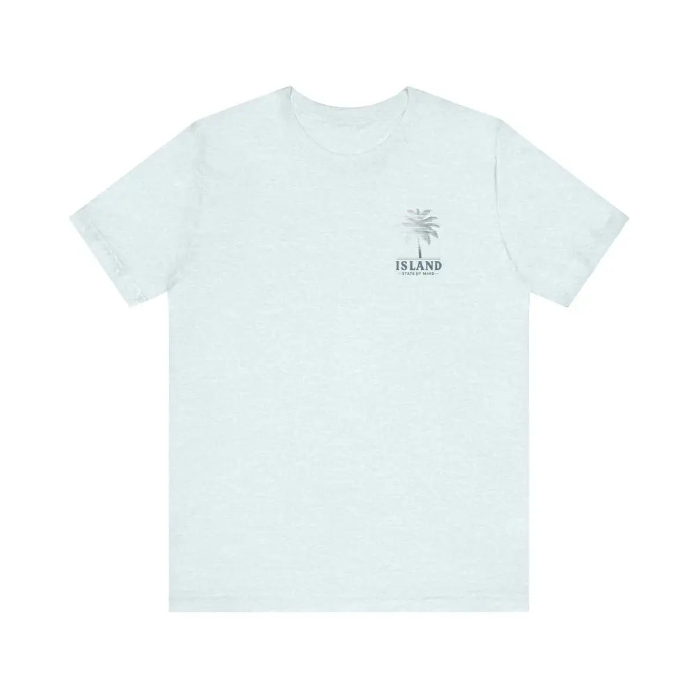 Light blue short-sleeve tee with mind palm tree graphic, Trini Skies