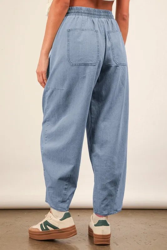 VERY J Washed Chambray Barrel Denim Pants | Trini Skies Resortwear - Triniskies