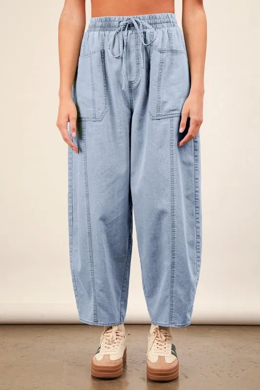 VERY J Washed Chambray Barrel Denim Pants | Trini Skies Resortwear - Triniskies