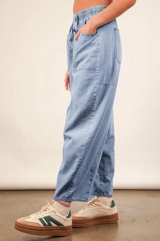 VERY J Washed Chambray Barrel Denim Pants | Trini Skies Resortwear - Triniskies