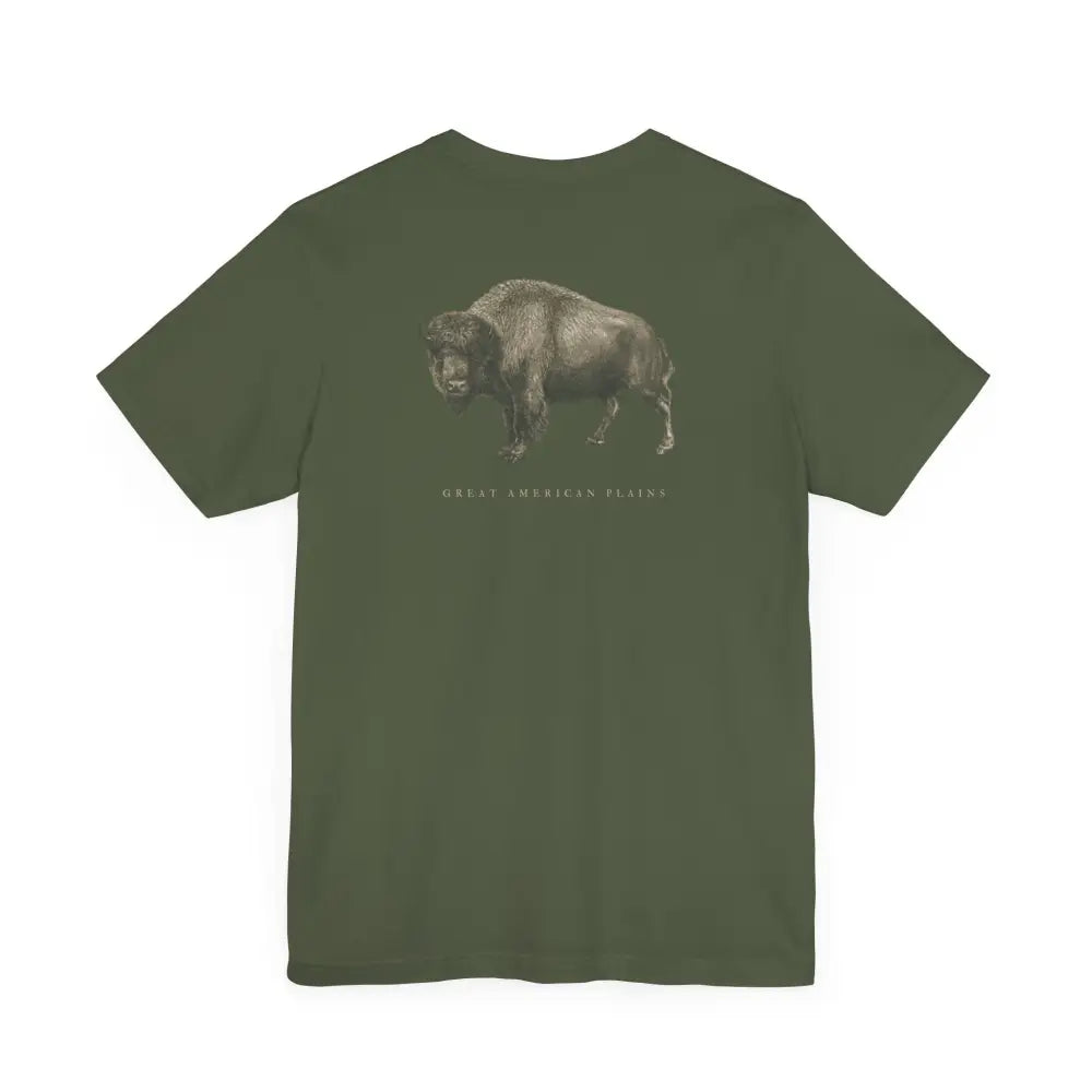 Vintage bison graphic on olive green Buffalo T-Shirt by Trini Skies Supply