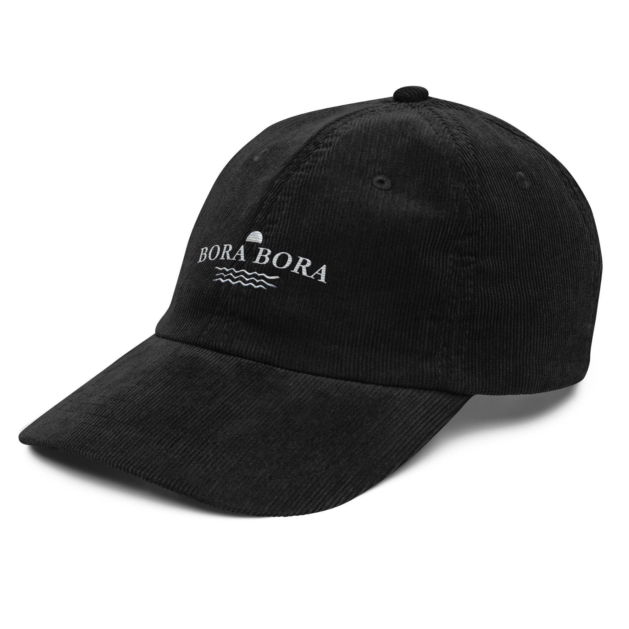 Black corduroy Bora Bora embroidered cap with minimalist white coastal embroidery and relaxed vintage resort aesthetic