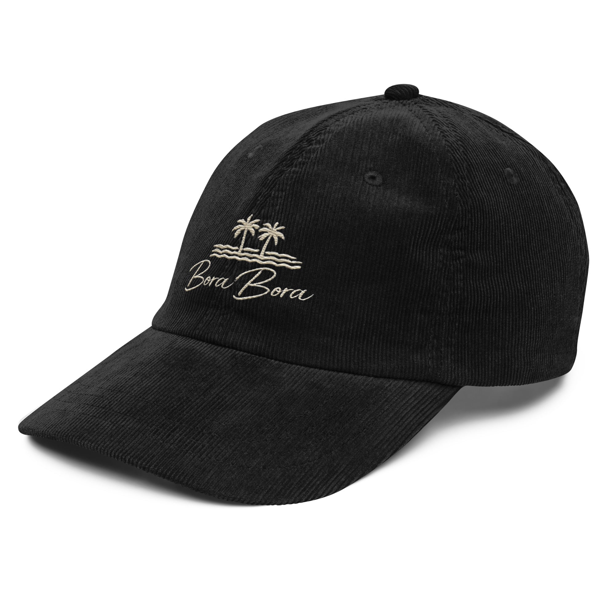 Black Embroidered Bora Bora Vintage Corduroy Cap – Classic Island Style & Comfort Vacation Destination Travel Essentials