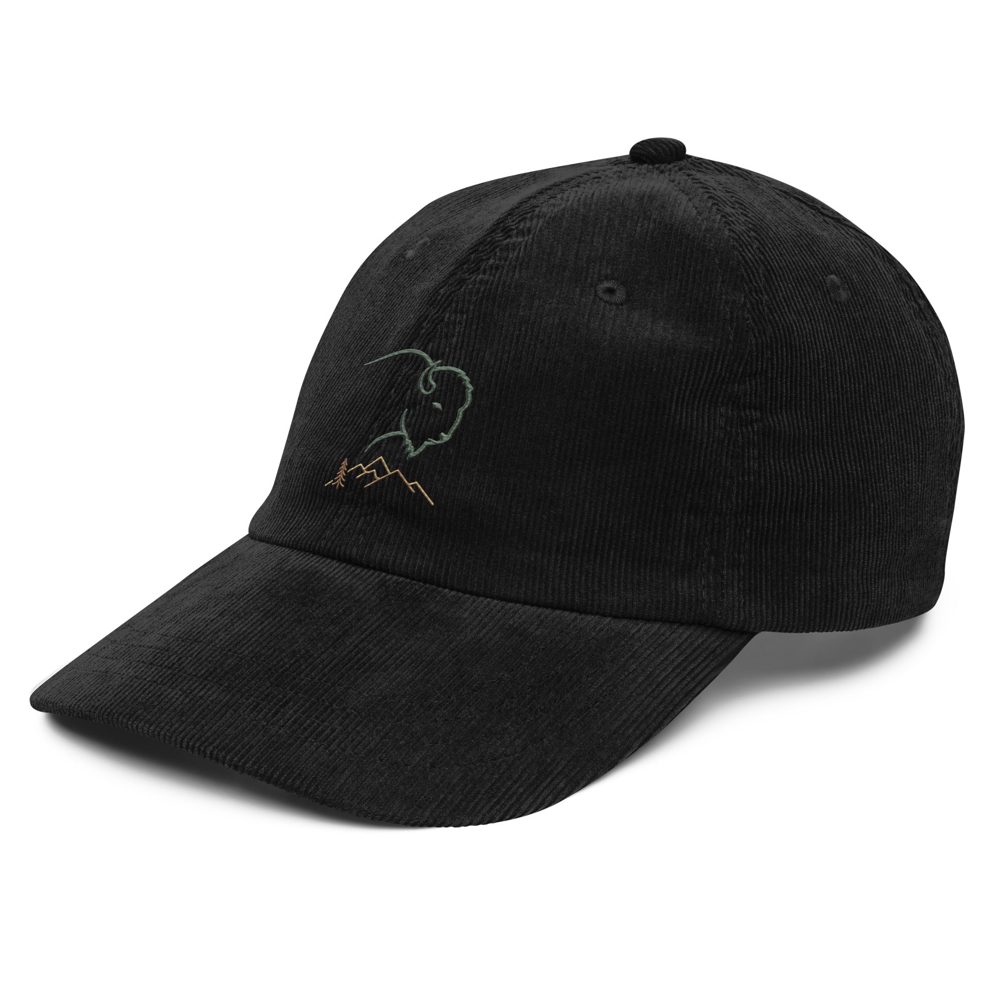 Black corduroy ball cap with fine line bison silhouette and copper mountain range embroidery centered on front panel — Bison and Mountain Hat by Trini Skies