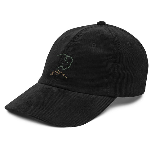 Black corduroy ball cap with fine line bison silhouette and copper mountain range embroidery centered on front panel — Bison and Mountain Hat by Trini Skies