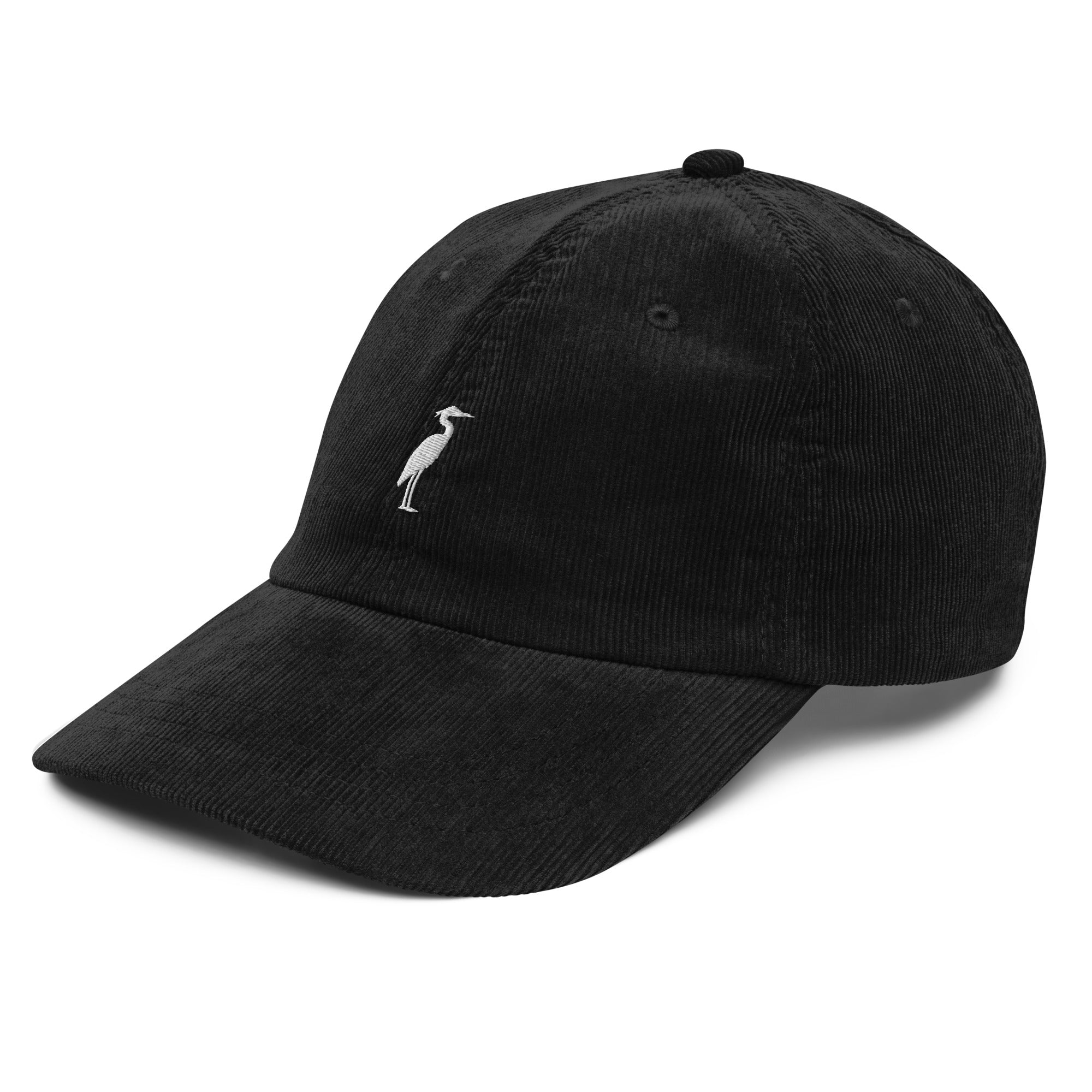 Great Blue Heron embroidered hat in black corduroy unstructured low profile cap Trini Skies Destination Collection
