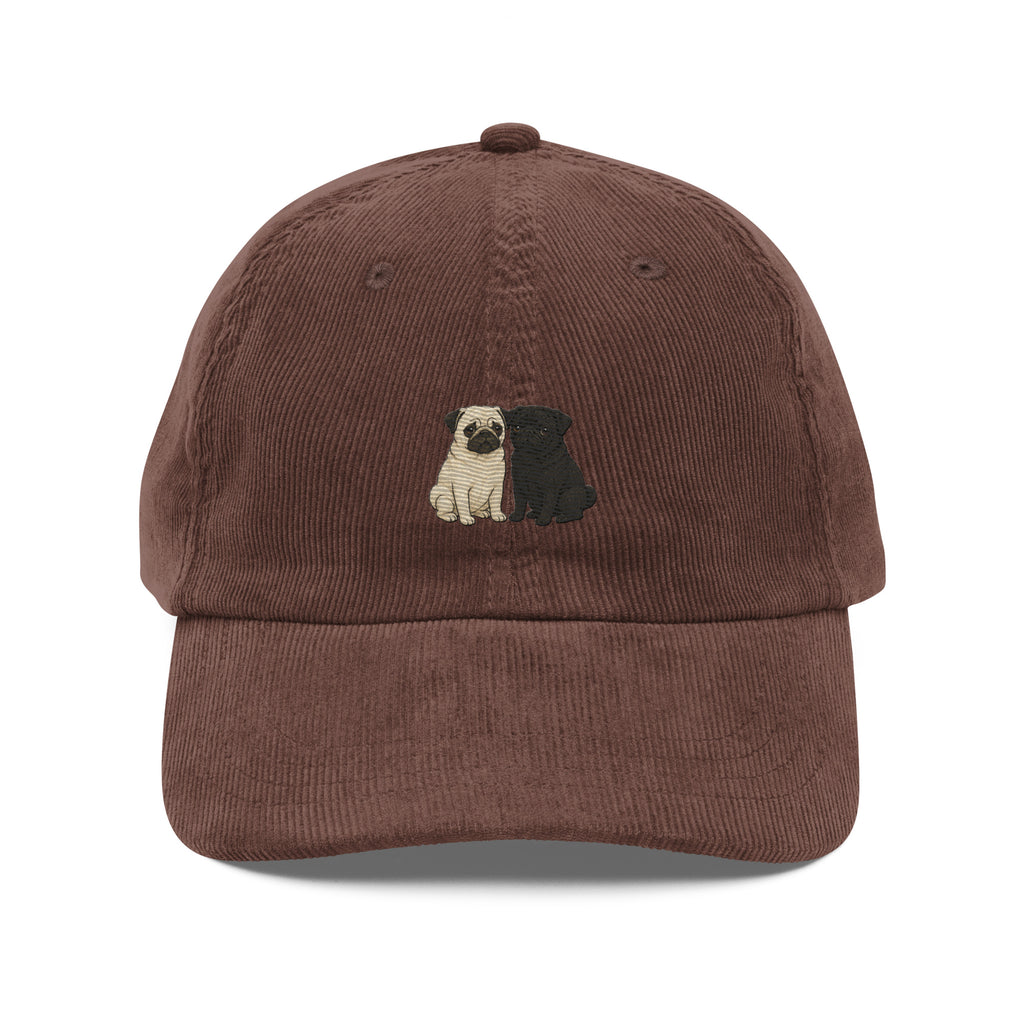 Pug duo embroidered corduroy hat in brown — fawn and black pug embroidery by Trini Skies