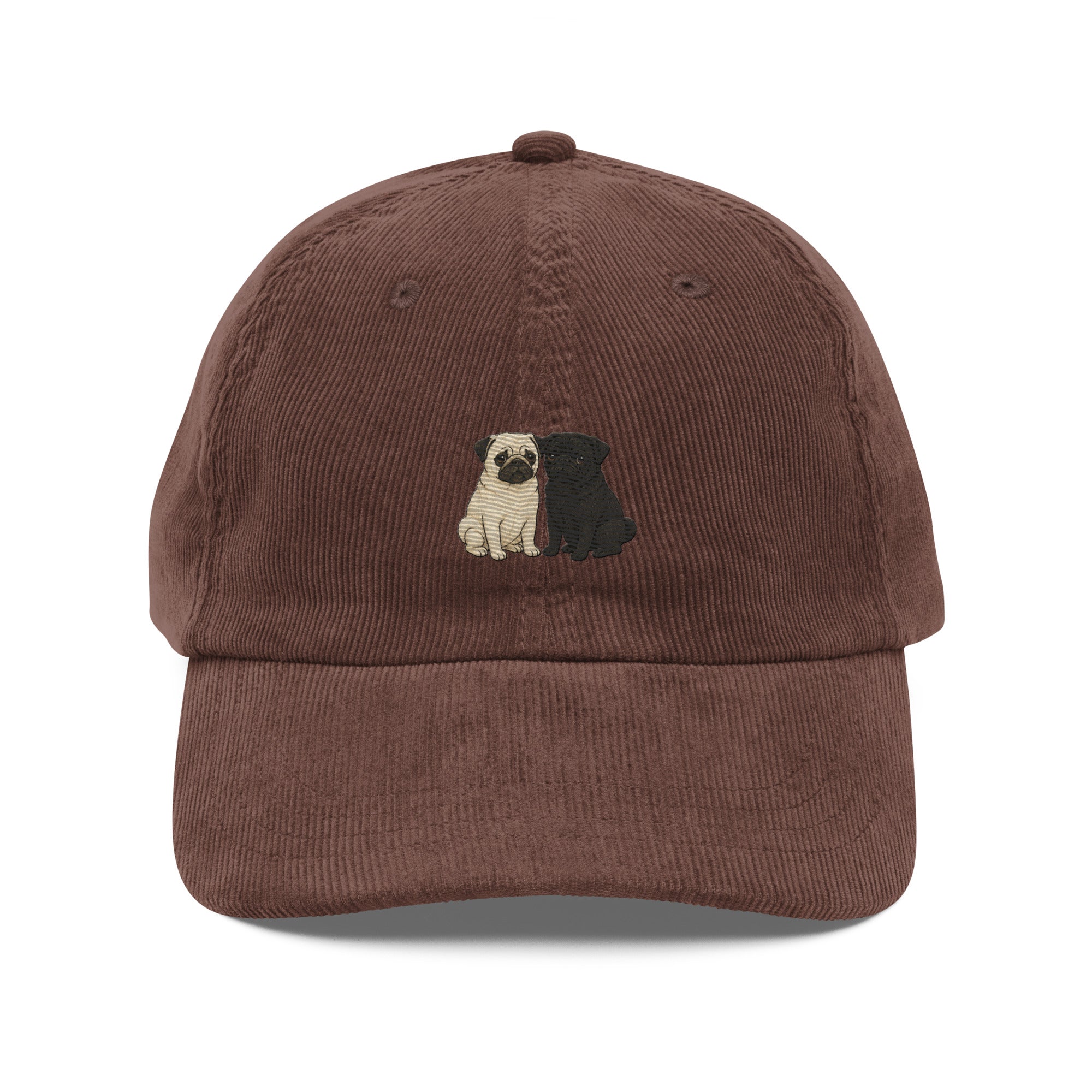 Pug duo embroidered corduroy hat in brown — fawn and black pug embroidery by Trini Skies