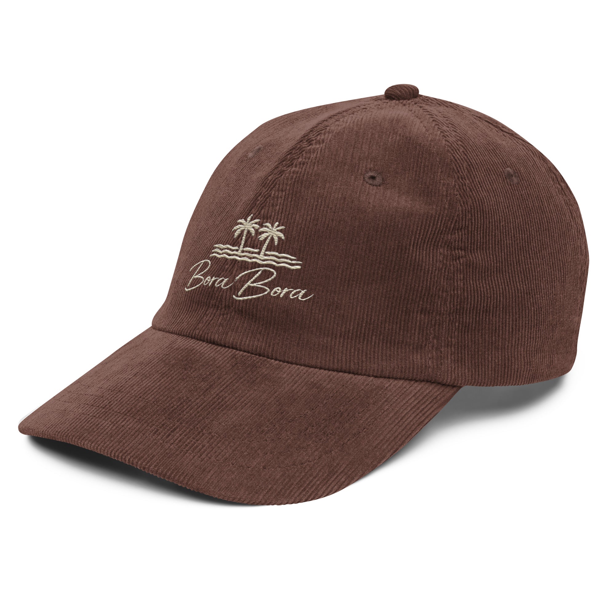 Brown Embroidered Bora Bora Vintage Corduroy Cap – Classic Island Style & Comfort Vacation Destination Travel Essentials