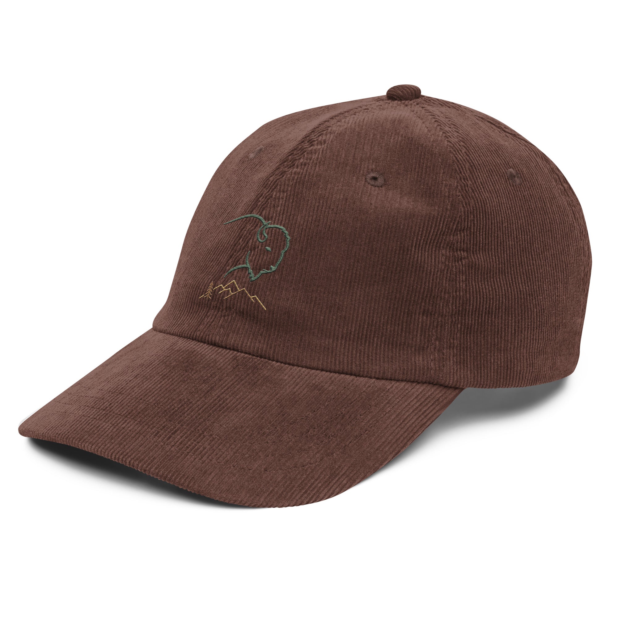 Brown corduroy baseball cap with bison and mountain fine line embroidery — unstructured low profile outdoor hat by Trini Skies