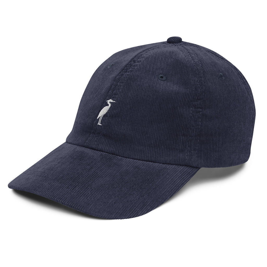 Great Blue Heron minimalist white embroidery on navy corduroy dad hat front view Trini Skies Richmond collection