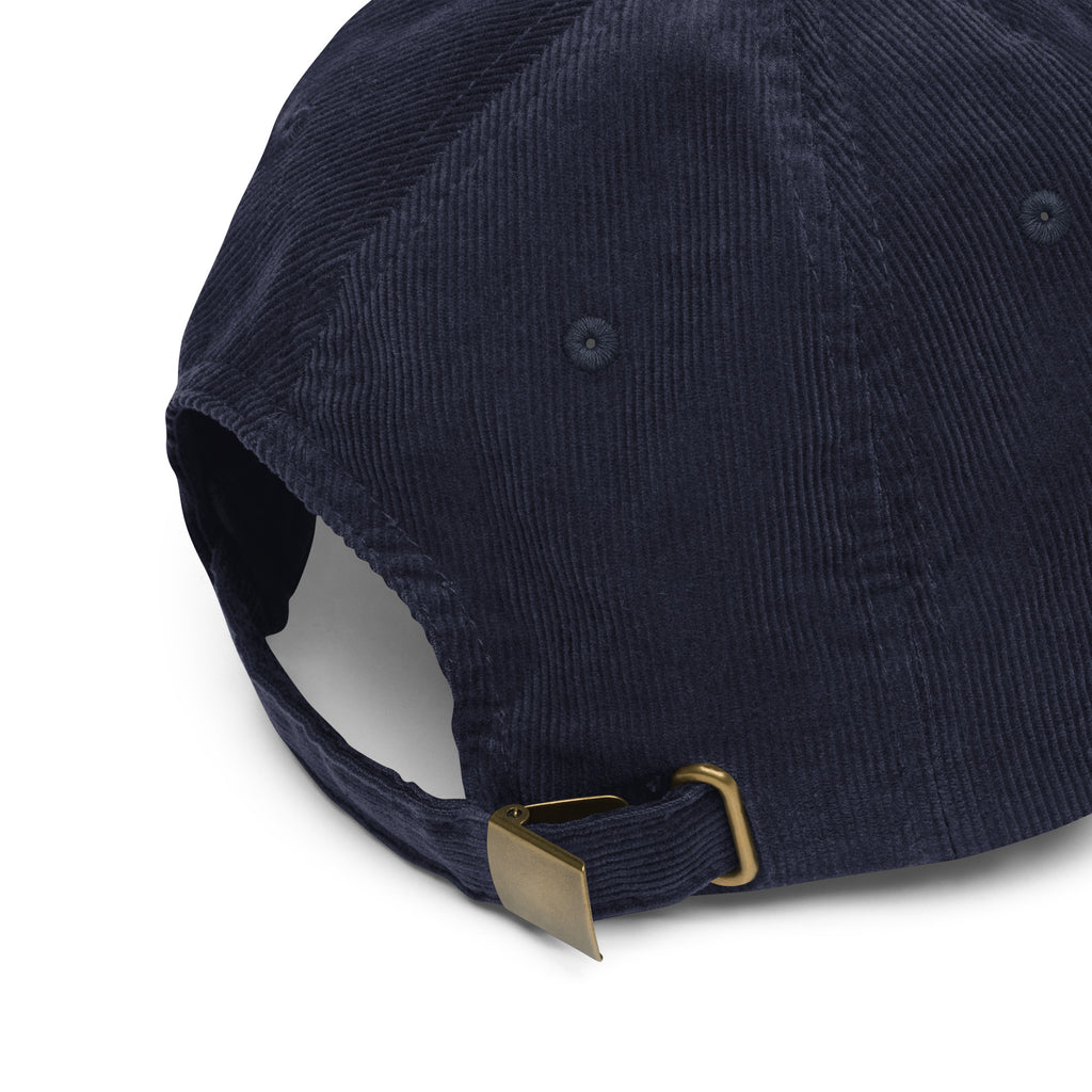 Navy back view corduroy Bora Bora embroidered cap with minimalist white coastal embroidery and relaxed vintage resort aesthetic