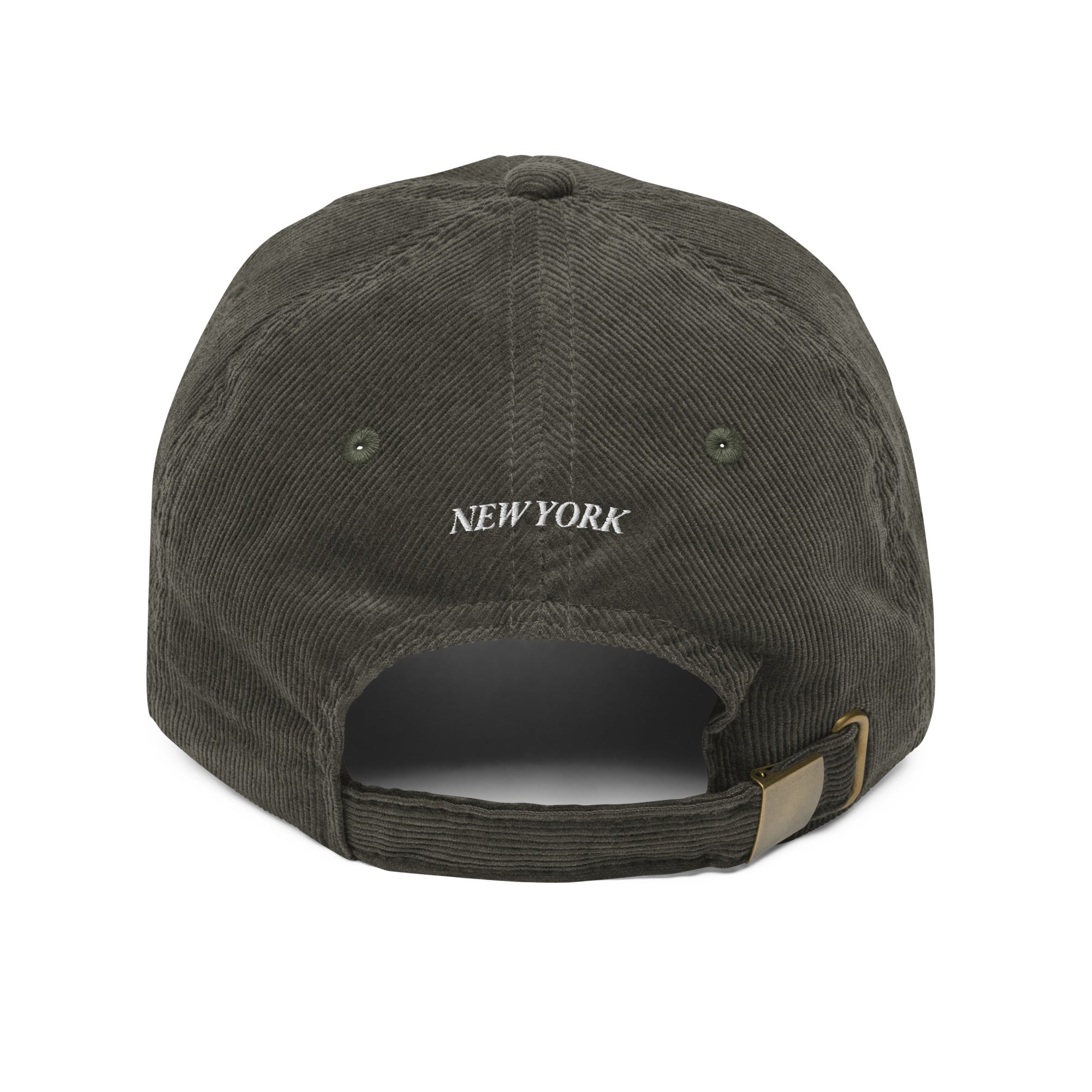 New York Carriage corduroy hat brown back view New York text strap Trini Skies Destination Collection