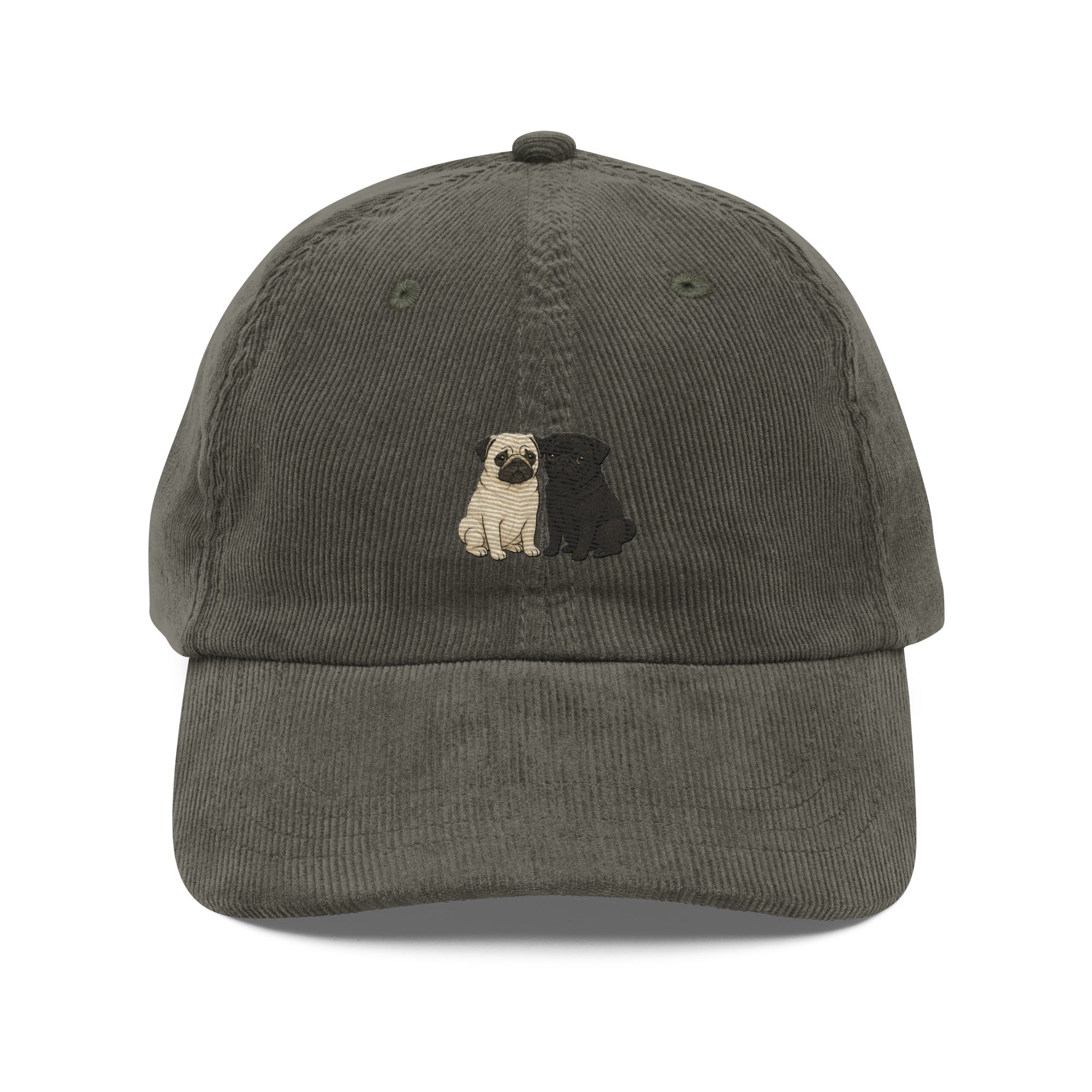 Olive pug duo embroidered corduroy hat front view — pug lover gift by Trini Skies