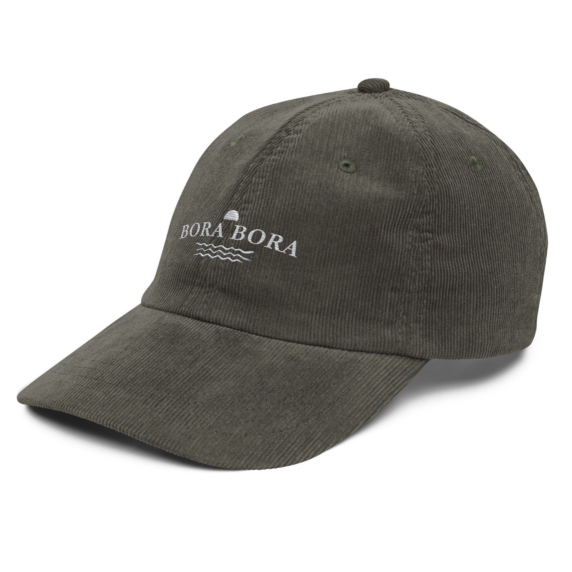 Grey corduroy Bora Bora embroidered cap with minimalist white coastal embroidery and relaxed vintage resort aesthetic