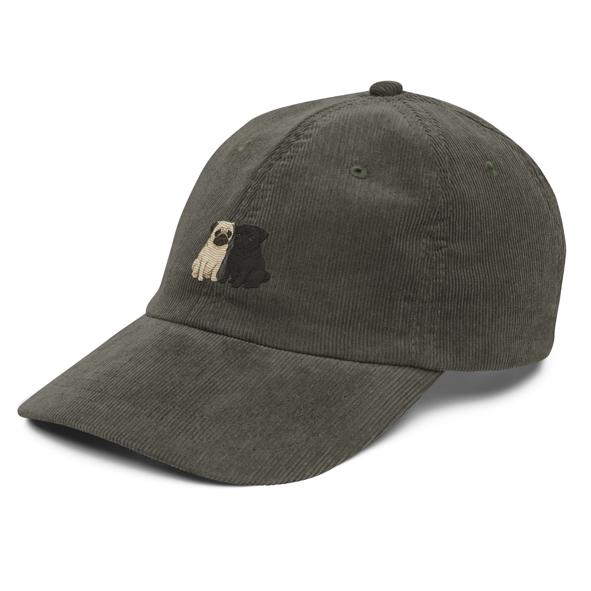 Pug duo embroidered corduroy hat in olive — fawn and black pug embroidery by Trini Skies