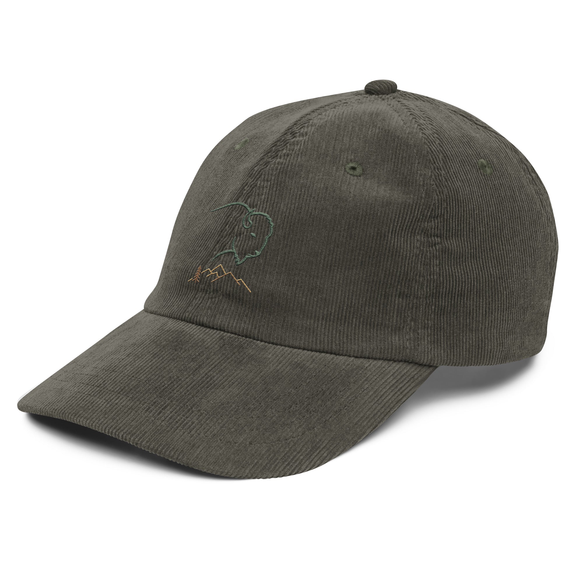 Olive corduroy hat with bison silhouette and copper mountain range embroidery — wilderness outdoor cap by Trini Skies