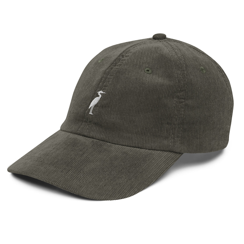 Great Blue Heron embroidered cap close up detail white heron on corduroy texture Trini Skies
