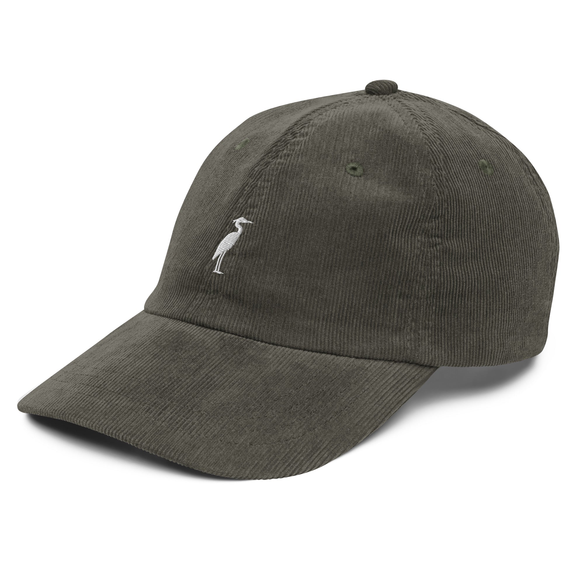 Great Blue Heron embroidered cap close up detail white heron on corduroy texture Trini Skies