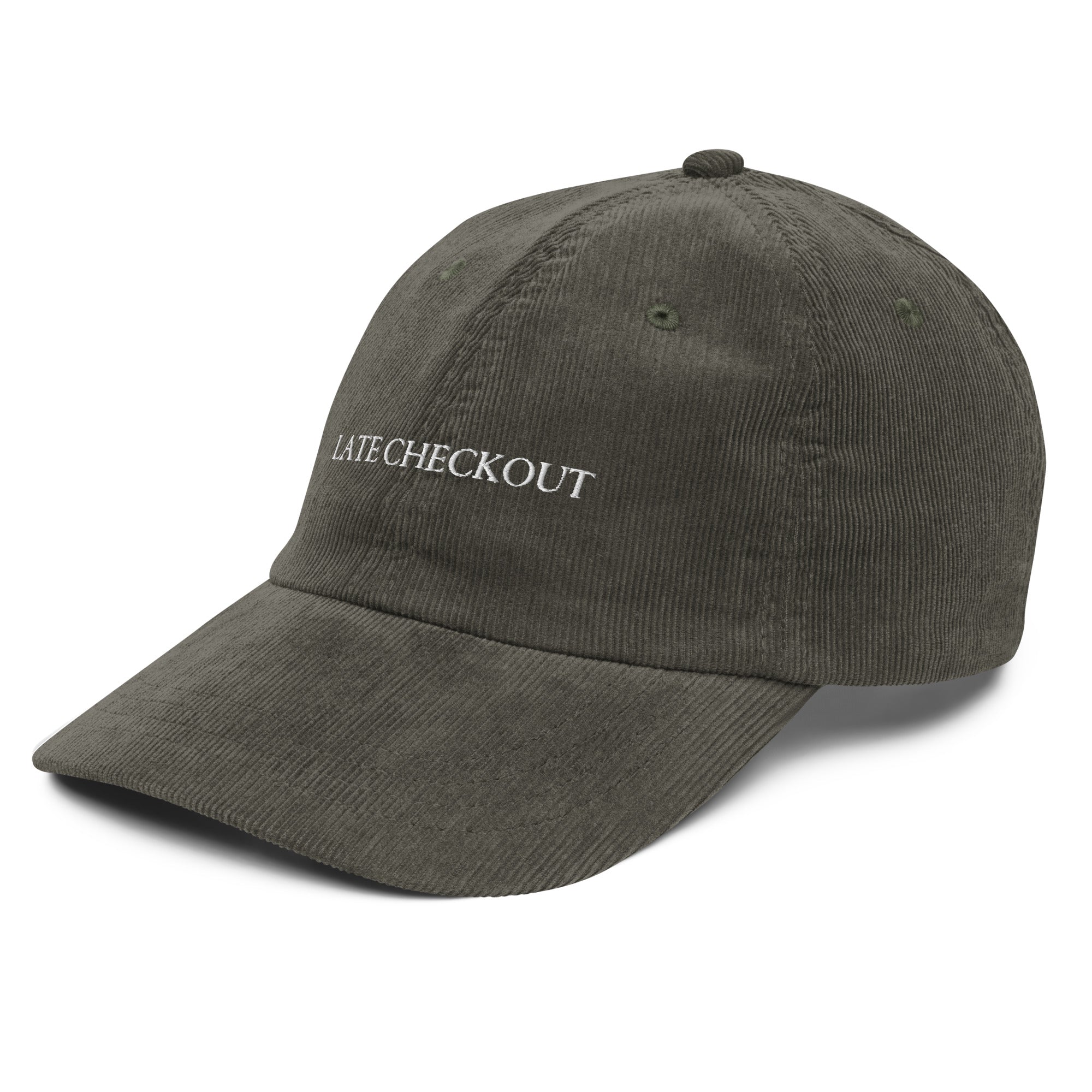 Late Checkout corduroy hat in olive with minimal embroidery — unstructured travel cap by Trini Skies