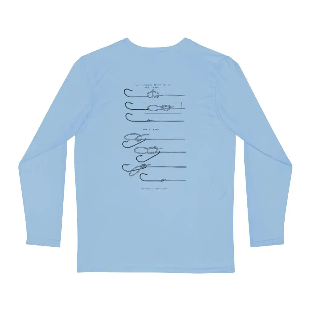 Light blue Tied Right performance fishing shirt with fly fishing knots diagrams